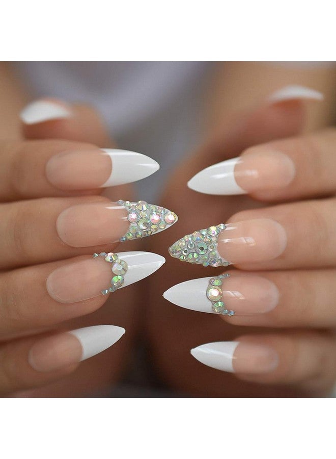 EchiQ Custom Press On Nails AB Crystal Pre-designed French Tip Stiletto Long White Nude Crafted Faux Ongles Kit 24 - Image 5
