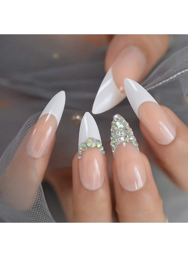 EchiQ Custom Press On Nails AB Crystal Pre-designed French Tip Stiletto Long White Nude Crafted Faux Ongles Kit 24 - Image 4