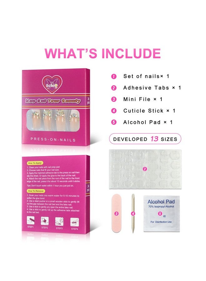 EchiQ Custom Press On Nails AB Crystal Pre-designed French Tip Stiletto Long White Nude Crafted Faux Ongles Kit 24 - Image 3