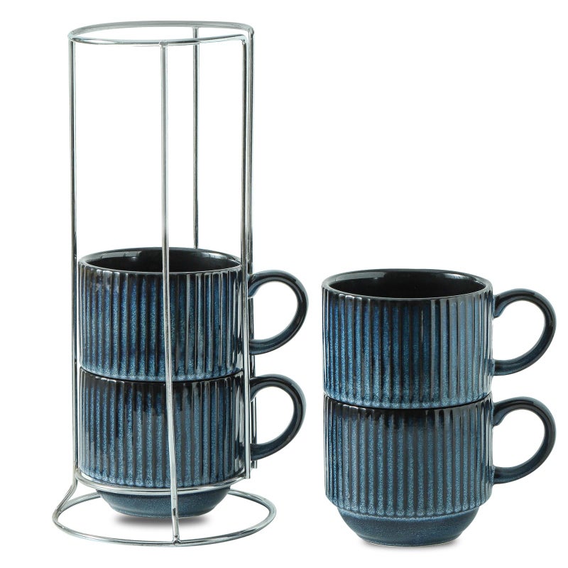 glowworm Coffee Mugs Set of 4 15 Oz Stackable Coffee Mugs with Rack Ceramic Cups for Home Office Housewarming  Engagement Gifts Microwave  Dishwasher Safe Navy Blue
