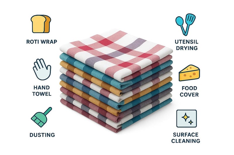Space Fly Cotton Kitchen Napkins 20x20 Inches – Multicolor Checkered Cloth Set | Soft & Absorbent Roti Wrap, Table Napkin, Tea Towel, Duster for Kitchen Cleaning & Dining Use (7) - Image 3