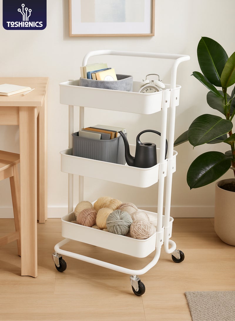 Toshionics 3 Tier Metal Utility Multipurpose Trolley Organizer Cart With Wheels For Office, Kitchen Bathroom Bedroom White 42x35x85cm - Image 1