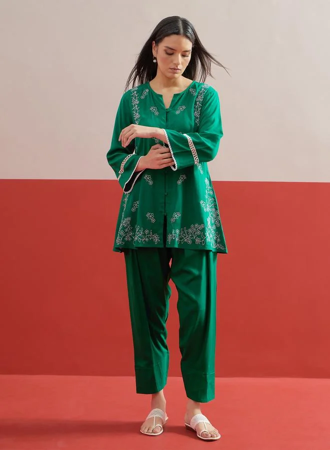 Sassafras Green Embroidered Button Down Kurti and Pharsi Salwar Set