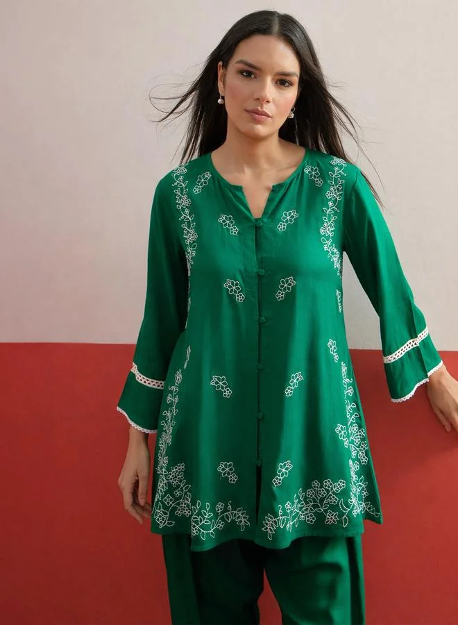 Sassafras Green Embroidered Button Down Kurti and Pharsi Salwar Set