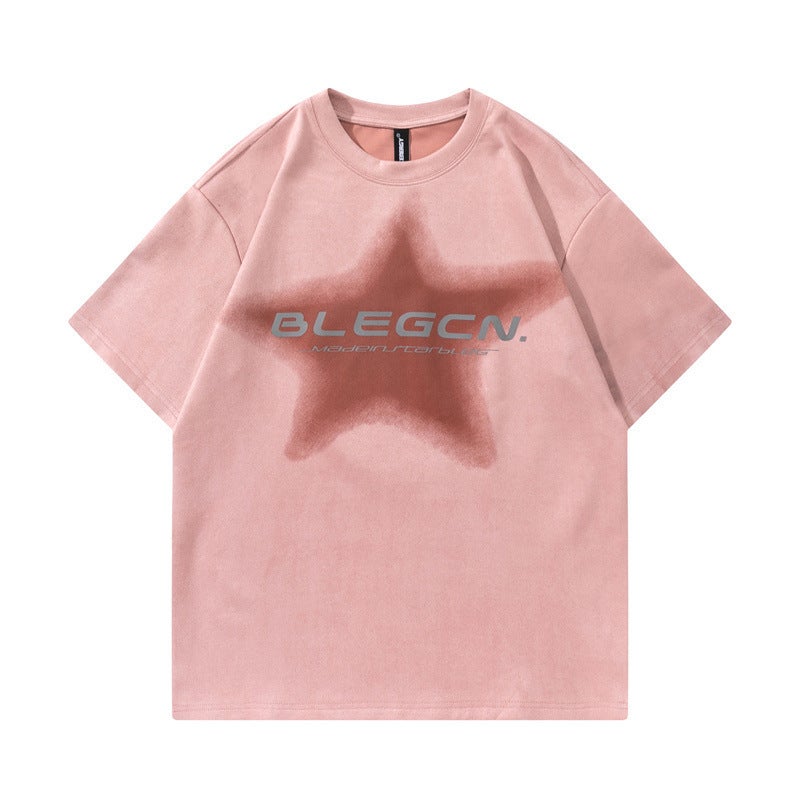 American Star Letter Pink Suede Short-Sleeved T-Shirt Men'S Loose Fashionable All-Match T-Shirt - Image 1