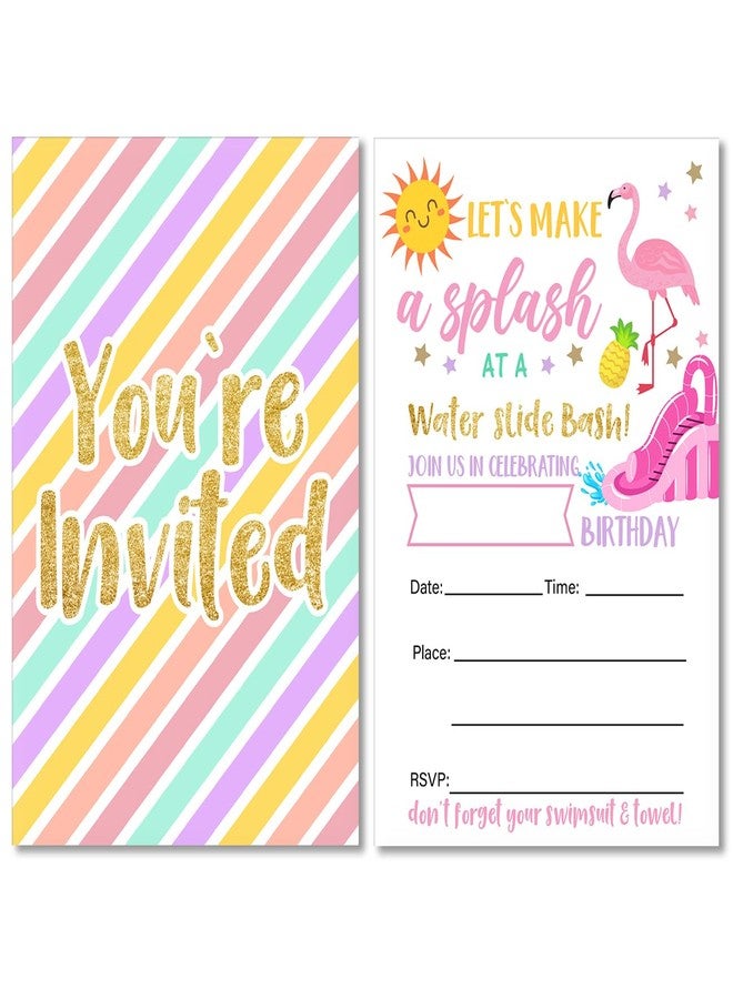 Soiceu Water Slide Birthday Party Invitations with Envelopes Set of 20 Pink Flamingo Water Splash Bash Pool Birthday Party Invites Fill in Blank - Image 1