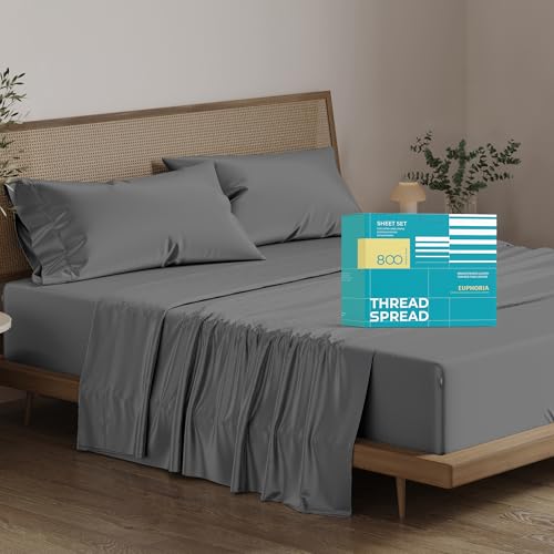 THREAD SPREAD 100 Egyptian Cotton Sheets California King Size 800 Thread Count 4 PC Luxury Cal King Sheets 16 Deep Pocket Hotel Sheets Sateen Weave Extra Soft Cooling Bed Sheets Set Dark Grey