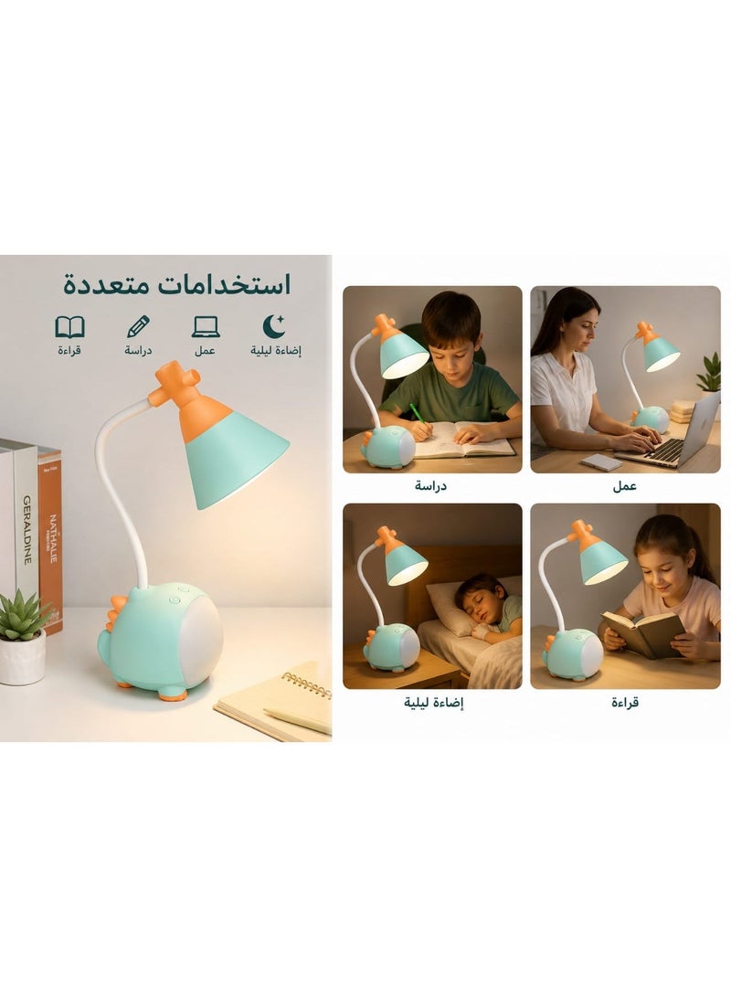 مصباح مكتب للأطفال على شكل ديناصور لطيف - إضاءة LED ناعمة لحماية العين - 3 مستويات سطوع وتحكم باللمس - ذراع مرن قابل للتعديل - يعمل عبر USB - مثالي للدراسة والقراءة وغرفة النوم. - Image 1