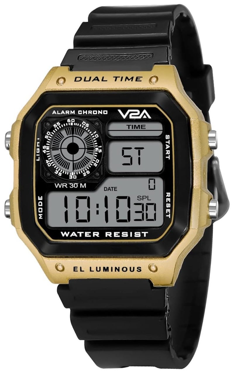 V2A Resin Chronograph Ultra-Thin Unisex Multi Function Digital Sports Watch (Black Dial-Gold), Black Band - Image 1