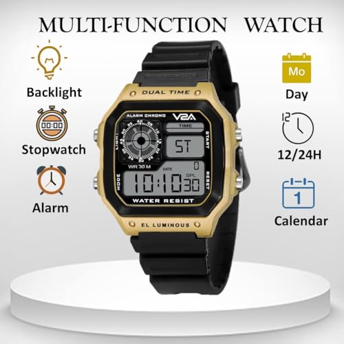 V2A Resin Chronograph Ultra-Thin Unisex Multi Function Digital Sports Watch (Black Dial-Gold), Black Band - Image 4