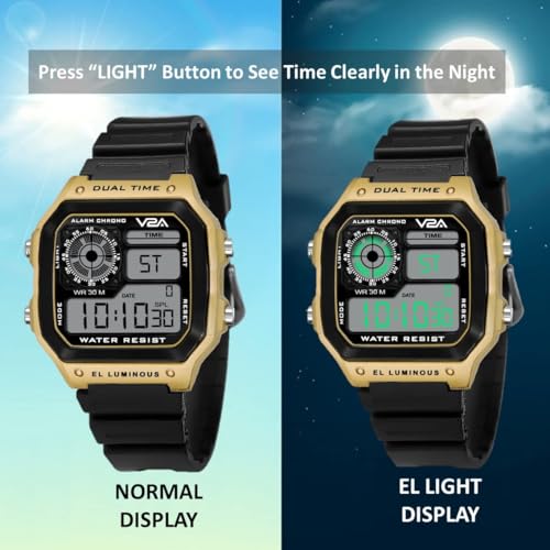 V2A Resin Chronograph Ultra-Thin Unisex Multi Function Digital Sports Watch (Black Dial-Gold), Black Band - Image 5