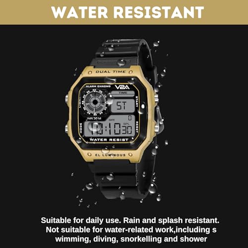 V2A Resin Chronograph Ultra-Thin Unisex Multi Function Digital Sports Watch (Black Dial-Gold), Black Band - Image 3