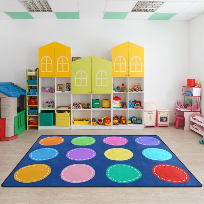 CLASSROOM CARPETS PLAYMAT RUGS 5X7 FT KIDS RUG WITH RUBBER BACKING COLORFUL CIRCLE ON BLUE BACKGROUND CLASSROOM SEATING RUG PLAY MAT NURSERY RUGS FOR PRESCHOOL ELEMENTARY PLAYROOM 12 SEATING