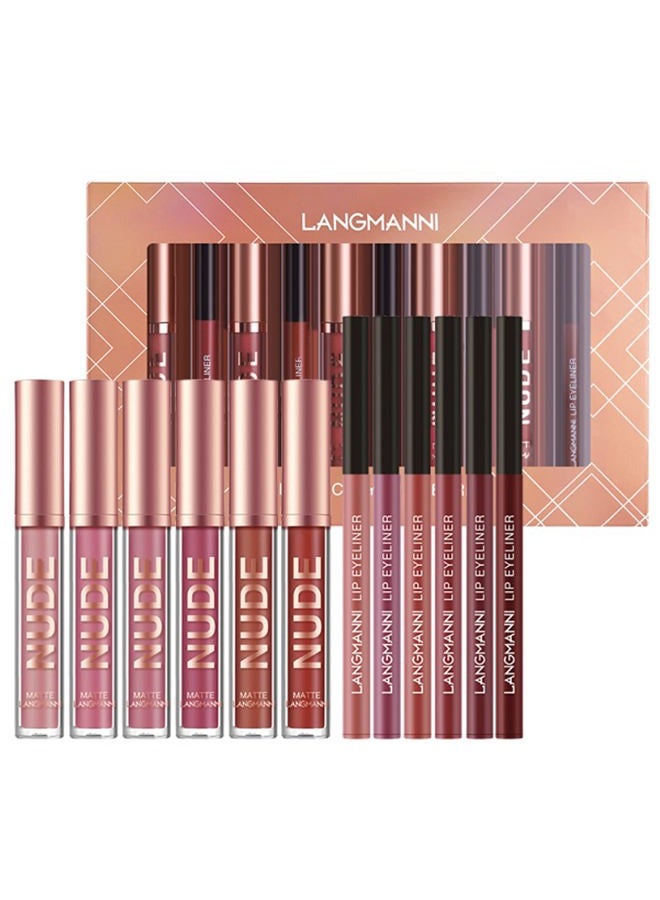 Petansy 12Pcs Lip Liner and Lipstick Set, 6 Colors Matte Liquid Lip Sticks + 6 Matching Smooth Nude Lip Liner, All in One Waterproof Long Lasting Lip Gloss Lips Make-up Gift Set for Girls and Women(A) - Image 2