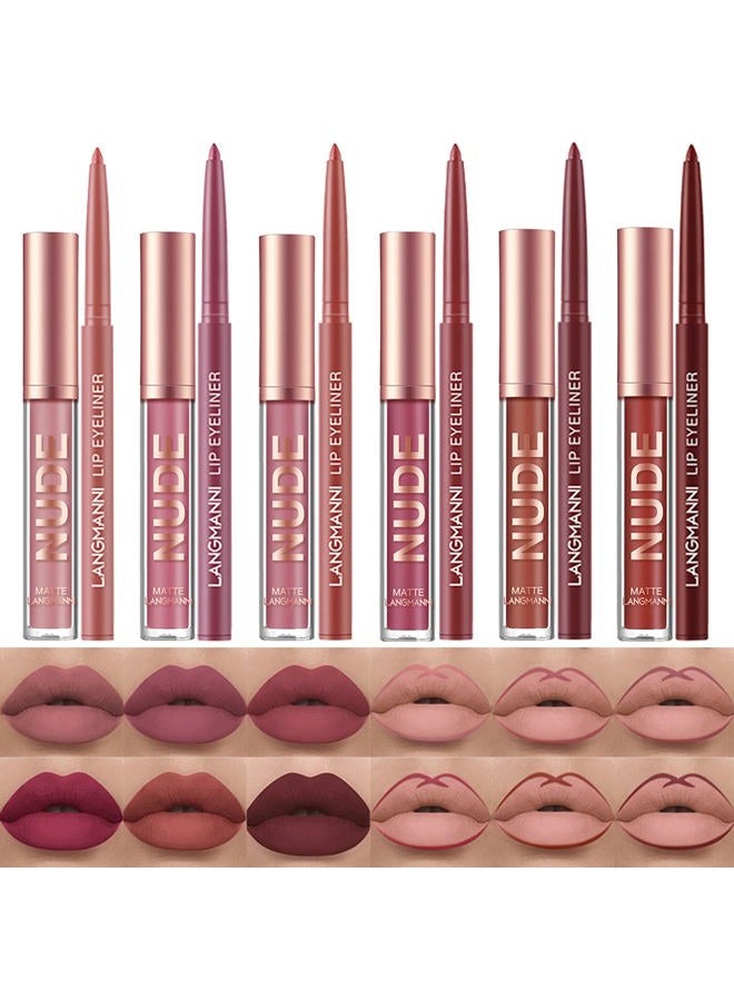 Petansy 12Pcs Lip Liner and Lipstick Set, 6 Colors Matte Liquid Lip Sticks + 6 Matching Smooth Nude Lip Liner, All in One Waterproof Long Lasting Lip Gloss Lips Make-up Gift Set for Girls and Women(A) - Image 1