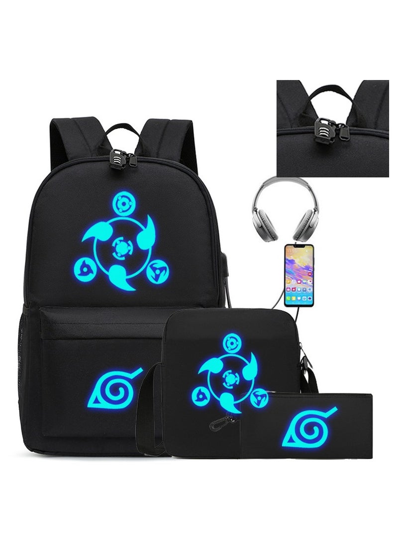 ناروتو الكتابة عجلة العين على ظهره الذكور والإناث المدرسة المتوسطة طالب حقيبة مدرسية أوسب قابلة للشحن على ظهره حقيبة مقلمة ثلاث قطع مجموعة