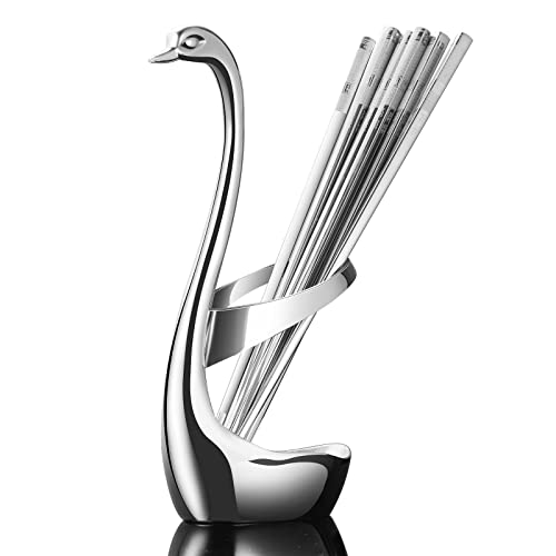 AnSaw Silver Swan Base Holder With 5 Pairs 304 Stainless Steel Chopsticks Reusable Metal Square Chopsticks Anti-slip And Anti-scalding Chopsticks 18/8 - Image 1