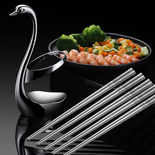AnSaw Silver Swan Base Holder With 5 Pairs 304 Stainless Steel Chopsticks Reusable Metal Square Chopsticks Anti-slip And Anti-scalding Chopsticks 18/8 - Image 3
