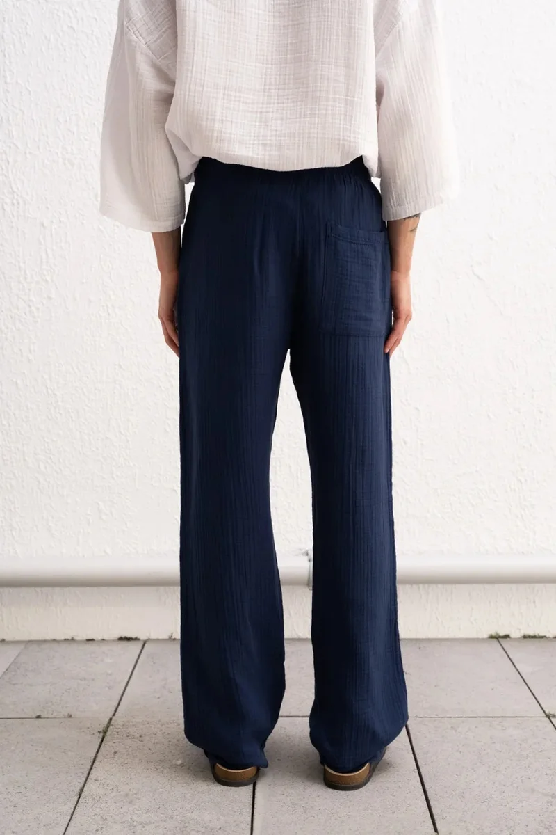 Giesto Navy Blue GIESTO Textured Cotton Relaxed Fit Drawstring Waist Pants for Men | Best Price UAE