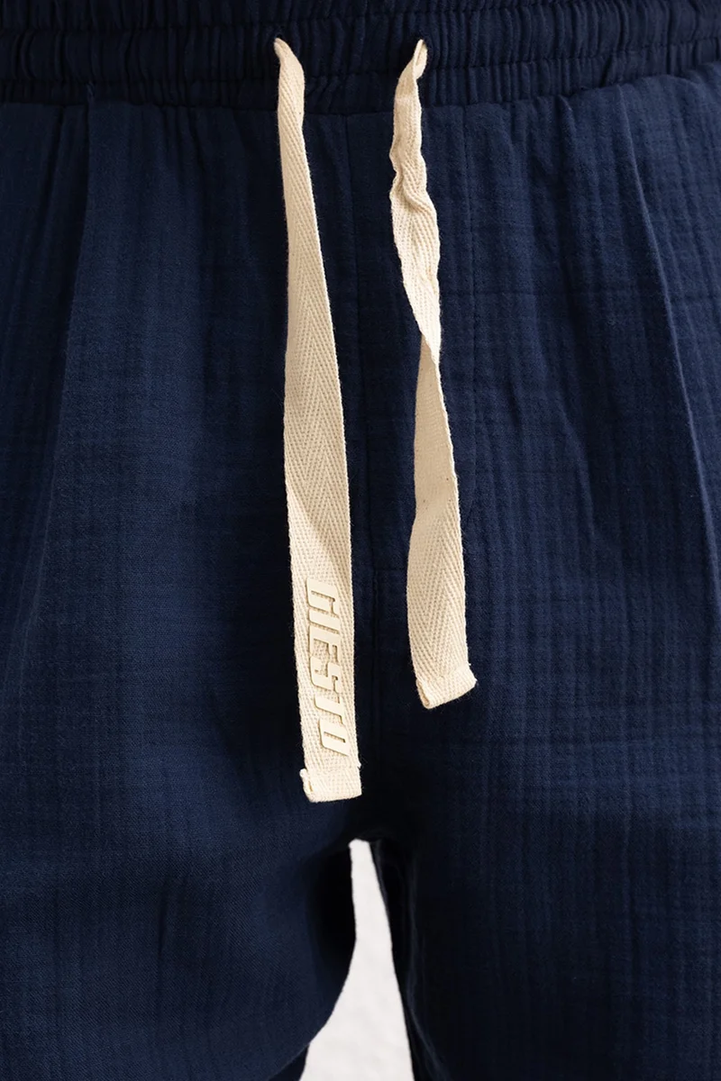 Giesto Navy Blue GIESTO Textured Cotton Relaxed Fit Drawstring Waist Pants for Men | Best Price UAE