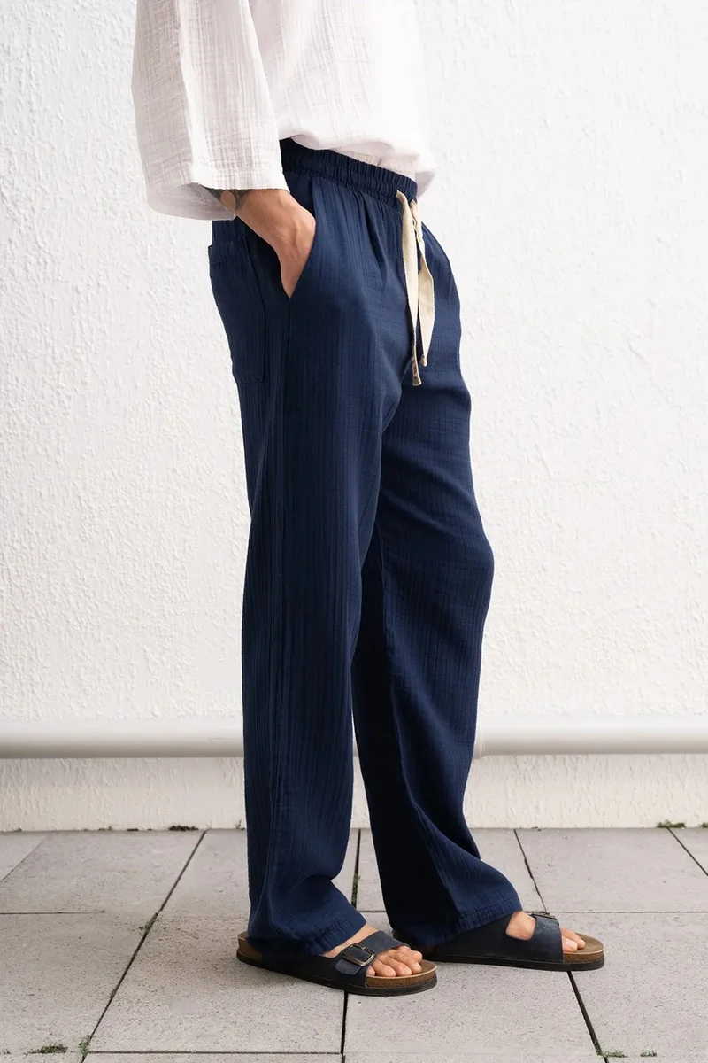 Giesto Navy Blue GIESTO Textured Cotton Relaxed Fit Drawstring Waist Pants for Men | Best Price UAE