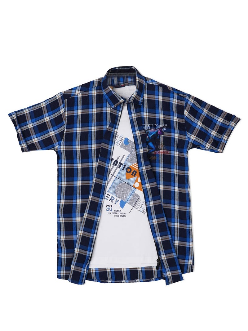 CAVIO Boys Checkered Casual Shirt | Regular Fit | Half Sleeve | Front Zip | Shirt with T-Shirt RoyalBlue - Image 1
