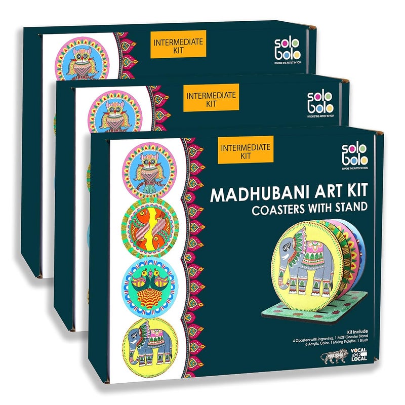 SOLOBOLO Madhubani Painting Kit Tea Coasters with Stand, Art and Craft kit for Girls 9-12, Coaster DIY Craft Kit, Painting kit for Kids 6-12, Gift for Children's (Pack of 3, Multicolor) - Image 1