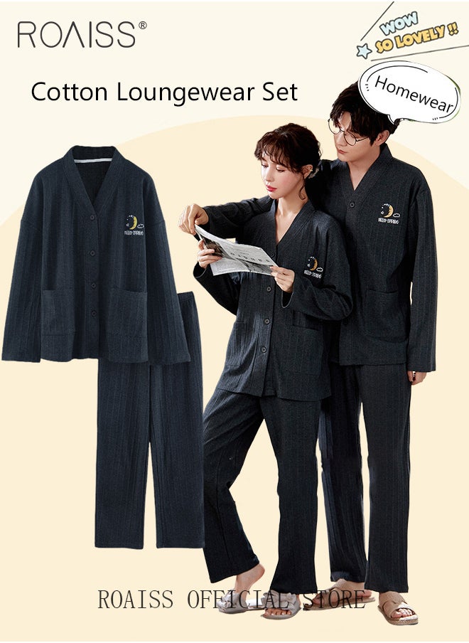 roaiss - Couple Pajamas Set Long Sleeves Sleepwear for Men and Women Cute Plus Size Loungewear Spring and Autumn Home Clothes Gift for Boyfriend Girlfriend Husband Wife - Image 1