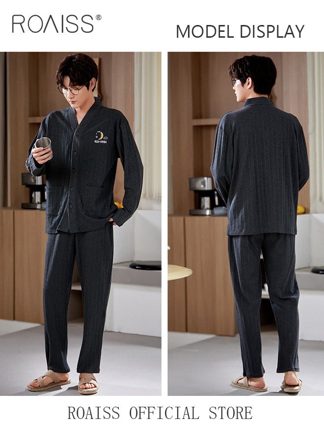roaiss - Couple Pajamas Set Long Sleeves Sleepwear for Men and Women Cute Plus Size Loungewear Spring and Autumn Home Clothes Gift for Boyfriend Girlfriend Husband Wife - Image 1