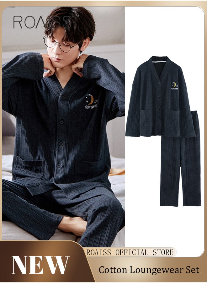 roaiss - Couple Pajamas Set Long Sleeves Sleepwear for Men and Women Cute Plus Size Loungewear Spring and Autumn Home Clothes Gift for Boyfriend Girlfriend Husband Wife - Image 1