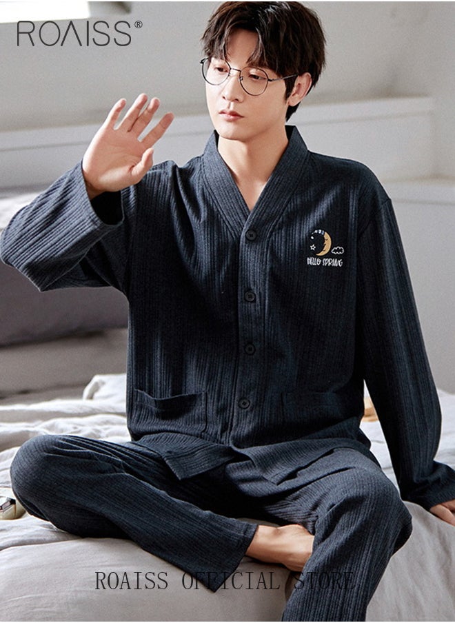 roaiss - Couple Pajamas Set Long Sleeves Sleepwear for Men and Women Cute Plus Size Loungewear Spring and Autumn Home Clothes Gift for Boyfriend Girlfriend Husband Wife - Image 1