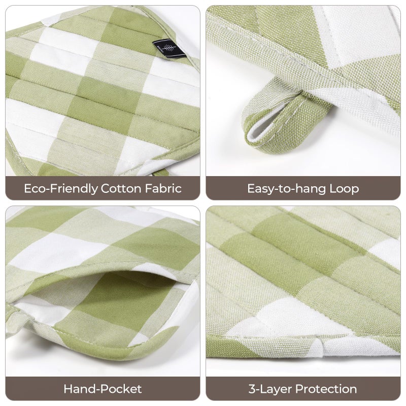 BONTHEE Cotton Pot Holders for Kitchen Heat Resistant Potholder Hot Pads Trivet Coaster Non-Slip Potholders Set for Cooking and Baking (2, Green Plaid, Squareï¼Œ8.27 inÂ²) - Image 3