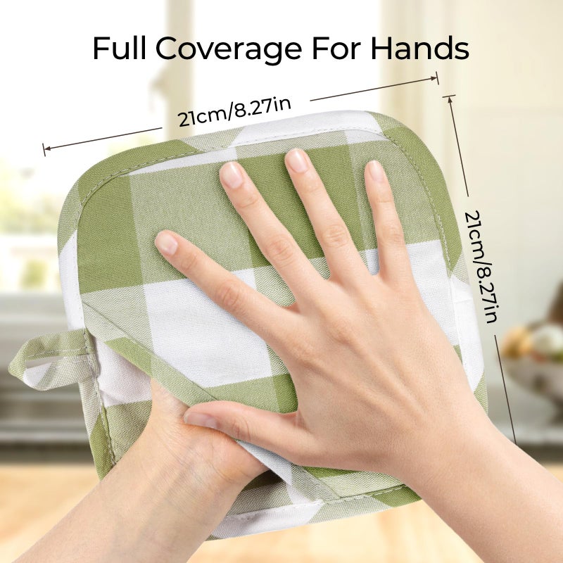 BONTHEE Cotton Pot Holders for Kitchen Heat Resistant Potholder Hot Pads Trivet Coaster Non-Slip Potholders Set for Cooking and Baking (2, Green Plaid, Squareï¼Œ8.27 inÂ²) - Image 2