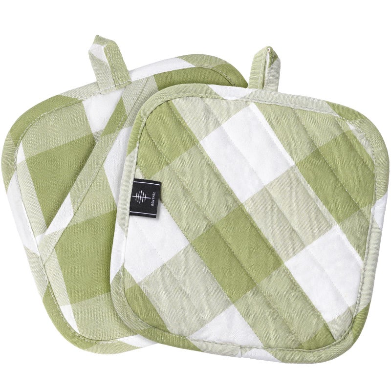 BONTHEE Cotton Pot Holders for Kitchen Heat Resistant Potholder Hot Pads Trivet Coaster Non-Slip Potholders Set for Cooking and Baking (2, Green Plaid, Squareï¼Œ8.27 inÂ²) - Image 1