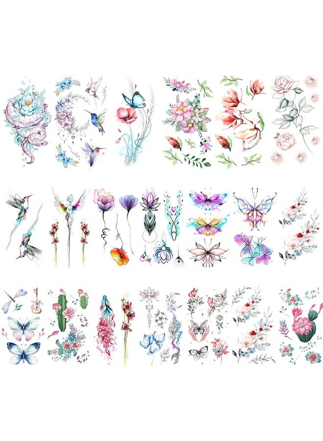 Glaryyears Flower Temporary Tattoos for Women Girls, 30-Pack Variety Pack Small Floral Fake Tattoos Stickers, Sexy Realistic Tattoos of Blossom Rose Lavender Butterfly on Arm Wrist Back Body