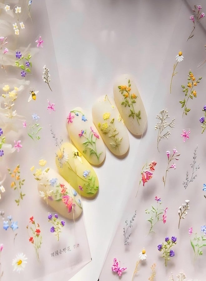 Dedyel Rural Wildflowers Nail Stickers 5D Embossed Wildflower Nail Stickers Spring Summer Red Yellow Blue White Flower Design Nail Art Decoration for Women Girls Kids - Image 1