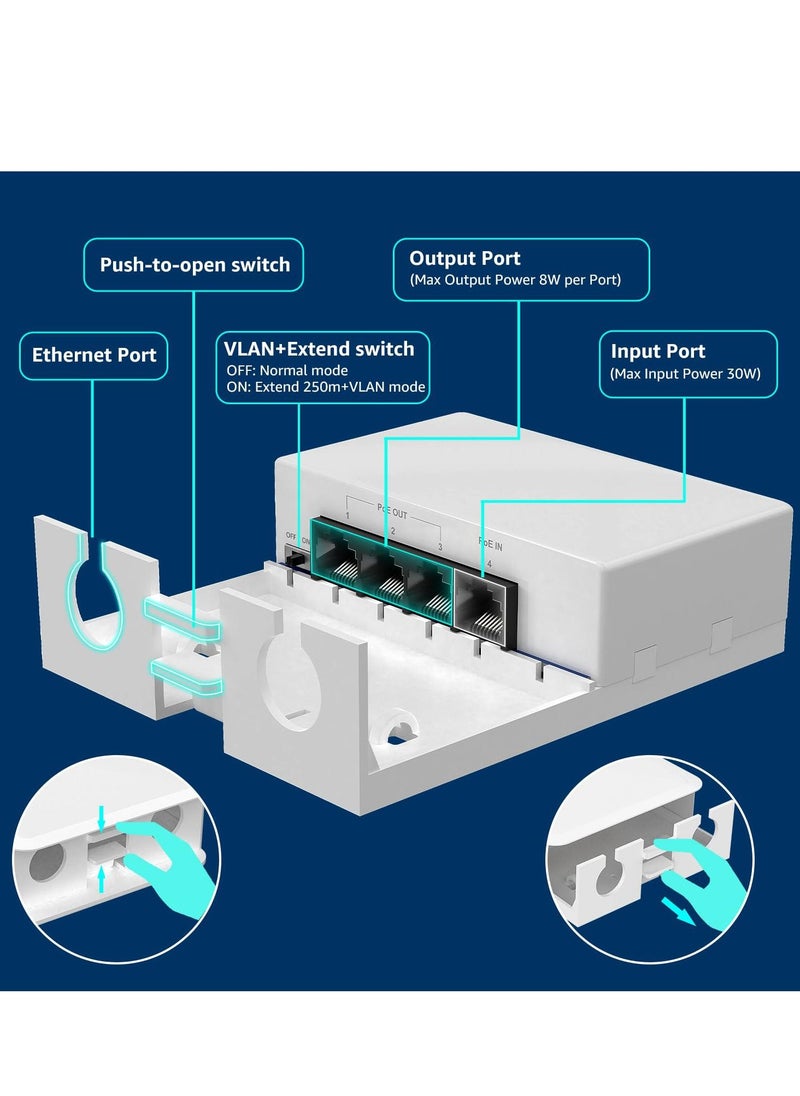 Y&D 4 Port Outdoor PoE Extender 1 in 3 Out, Wall Mount Passthrough POE Amplifier, Plug and Play, Waterproof Mount, Extend 250m, Total 350m  - Image 5