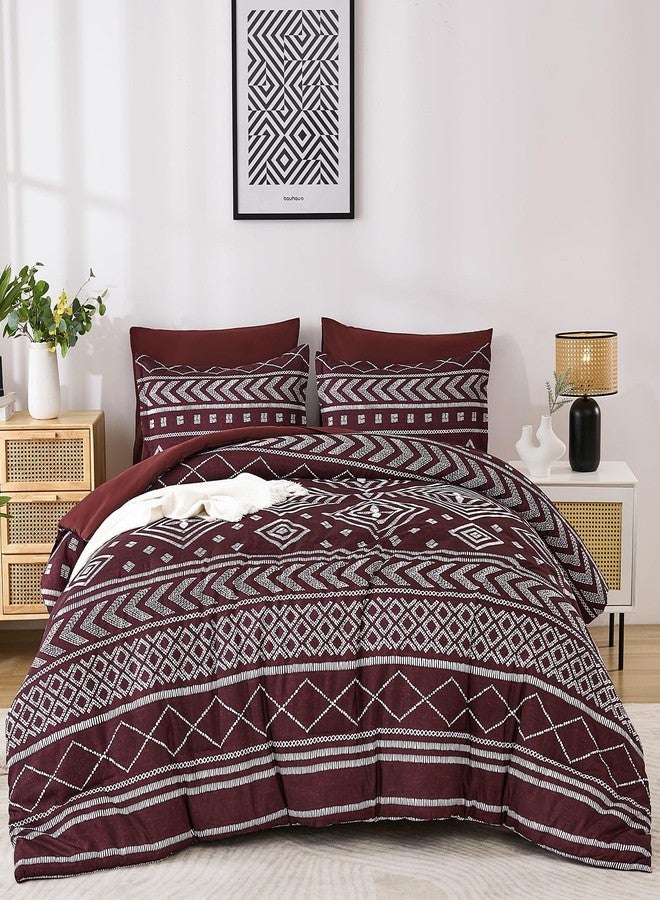 Yiran Burgundy Comforter Set Queen Size, 7 Piece Boho Striped Bedding Set, Geometric Aztec Bed in a Bag Queen, Soft Microfiber Bohemian Complete Bedding Set with Sheets for All Season - Image 2