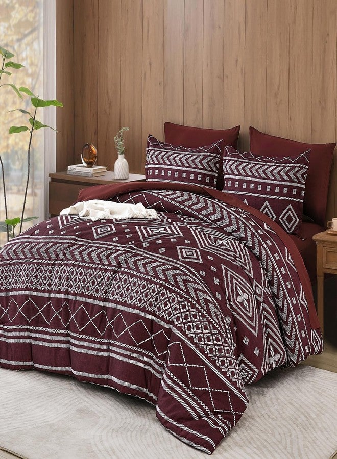 Yiran Burgundy Comforter Set Queen Size, 7 Piece Boho Striped Bedding Set, Geometric Aztec Bed in a Bag Queen, Soft Microfiber Bohemian Complete Bedding Set with Sheets for All Season - Image 1