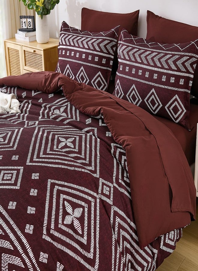 Yiran Burgundy Comforter Set Queen Size, 7 Piece Boho Striped Bedding Set, Geometric Aztec Bed in a Bag Queen, Soft Microfiber Bohemian Complete Bedding Set with Sheets for All Season - Image 4
