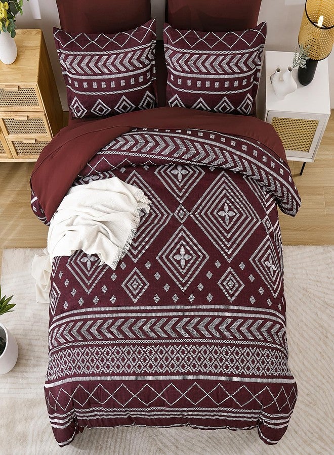 Yiran Burgundy Comforter Set Queen Size, 7 Piece Boho Striped Bedding Set, Geometric Aztec Bed in a Bag Queen, Soft Microfiber Bohemian Complete Bedding Set with Sheets for All Season - Image 3
