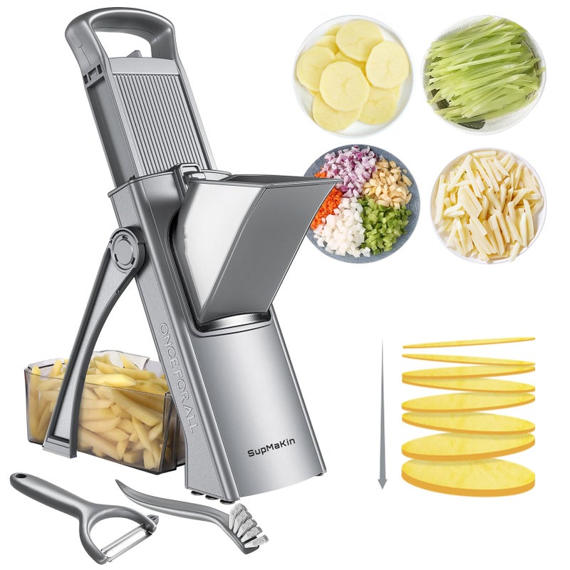 SupMaKin Upgrade Safe Mandoline Slicer for Kitchen,Adjustable Potato Slicer Vegetable Onion Chopper, French Fry Cutter, Include Vegetable Peeler(Gray) - Image 1