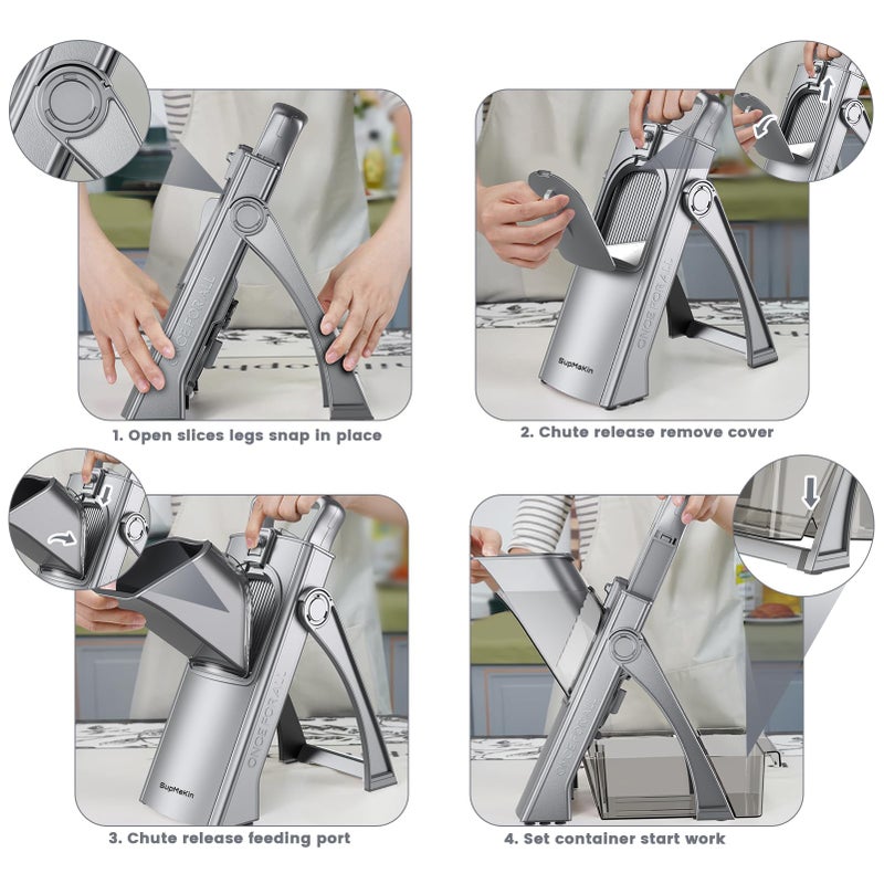 SupMaKin Upgrade Safe Mandoline Slicer for Kitchen,Adjustable Potato Slicer Vegetable Onion Chopper, French Fry Cutter, Include Vegetable Peeler(Gray) - Image 4