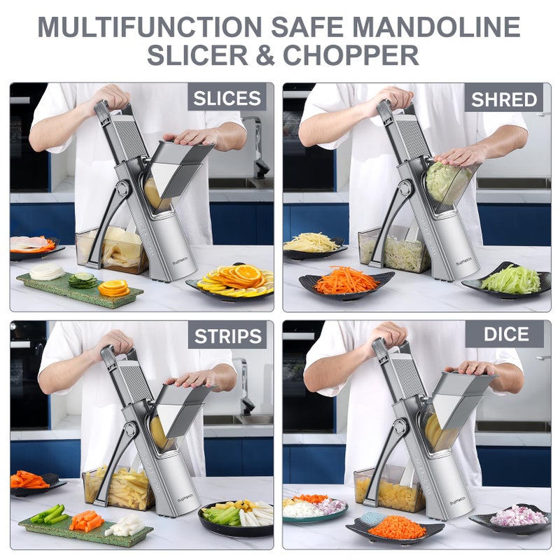 SupMaKin Upgrade Safe Mandoline Slicer for Kitchen,Adjustable Potato Slicer Vegetable Onion Chopper, French Fry Cutter, Include Vegetable Peeler(Gray) - Image 3