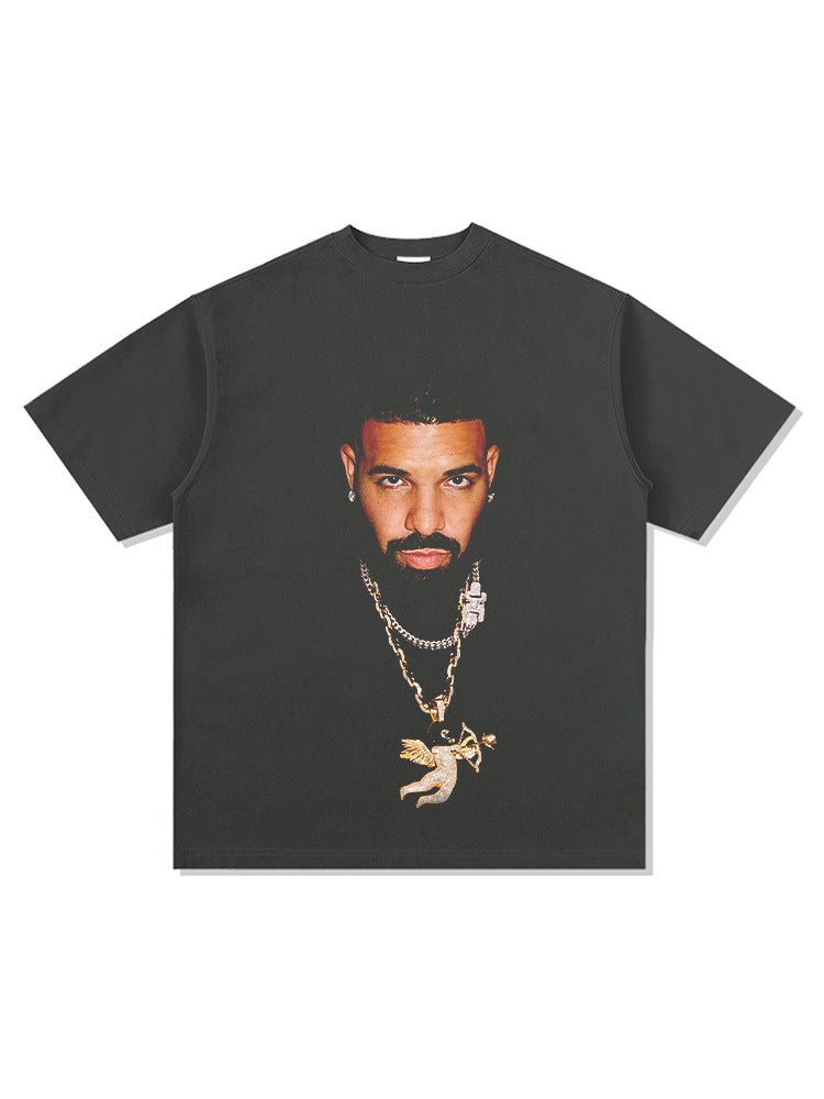 -style Retro Hip-hop Drake Big Head Printed High Street Short-sleeved T-shirt Washed Heavy Cotton Crewneck Hooded Sweatshirt - Image 5