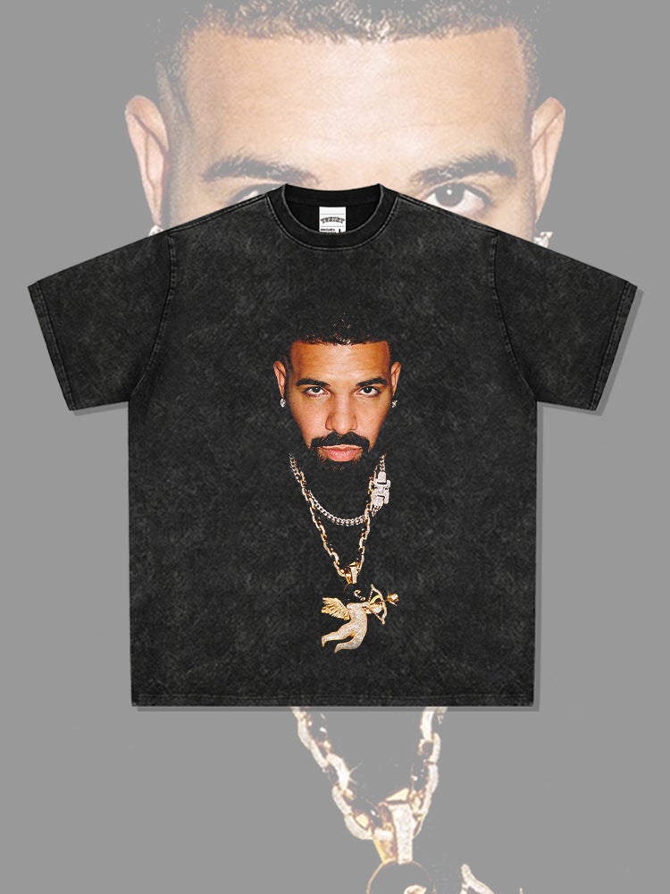 -style Retro Hip-hop Drake Big Head Printed High Street Short-sleeved T-shirt Washed Heavy Cotton Crewneck Hooded Sweatshirt - Image 3