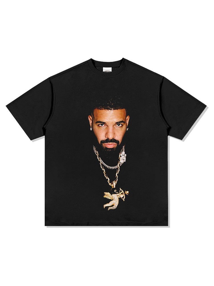-style Retro Hip-hop Drake Big Head Printed High Street Short-sleeved T-shirt Washed Heavy Cotton Crewneck Hooded Sweatshirt - Image 4