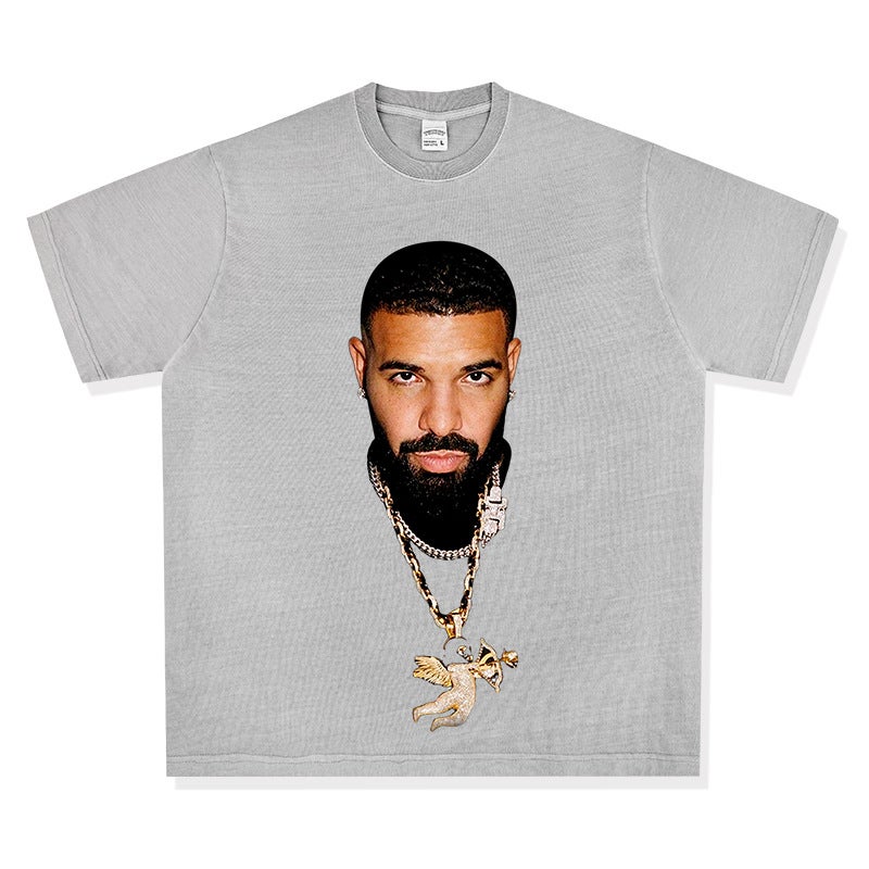 -style Retro Hip-hop Drake Big Head Printed High Street Short-sleeved T-shirt Washed Heavy Cotton Crewneck Hooded Sweatshirt - Image 1