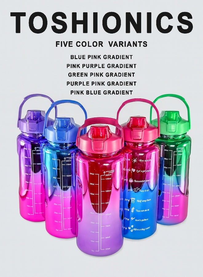توشيونيكس مجموعة زجاجات مياه تحفيزية - زجاجات ترطيب بلاستيكية خالية من مادة BPA بسعة 2000 مل و750 مل و300 مل مع علامات زمنية وغطاء ماصة، مصنوعة من مادة مانعة للتسرب وغير سامة، بلونين متدرجين، ومقبض حمل، وغطاء قلاب، وعبارات تذكيرية بجرعة الماء اليومية، وزجاجة شرب قابلة لإعادة الاستخدام للصالة الرياضية والمكتب والسفر والمدرسة والرياضة والاستخدام الخارجي للبالغين والأطفال. - Image 3
