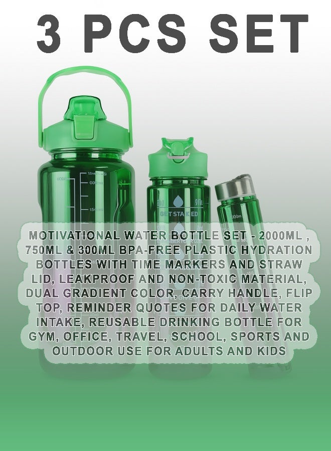 توشيونيكس مجموعة زجاجات مياه تحفيزية - زجاجات ترطيب بلاستيكية خالية من مادة BPA بسعة 2000 مل و750 مل و300 مل مع علامات زمنية وغطاء ماصة، مصنوعة من مادة مانعة للتسرب وغير سامة، بلونين متدرجين، ومقبض حمل، وغطاء قلاب، وعبارات تذكيرية بجرعة الماء اليومية، وزجاجة شرب قابلة لإعادة الاستخدام للصالة الرياضية والمكتب والسفر والمدرسة والرياضة والاستخدام الخارجي للبالغين والأطفال. - Image 2